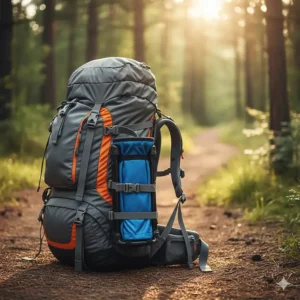 A close-up shot of a compact, foldable camping stool attached to a hiking backpack, demonstrating its portability and ease of carrying on a trail.