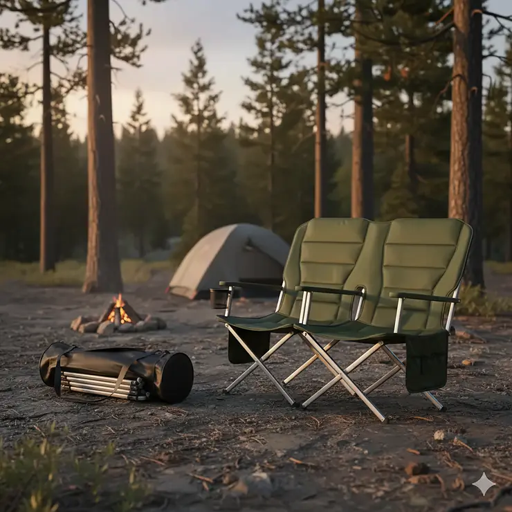 A folding camping loveseat made of durable nylon and an aluminum frame. This portable couch is shown collapsed and stored in its carrying bag, emphasizing its easy-to-transport feature.