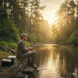 A person using a folding camp stool while fishing by a river, demonstrating its practicality for various outdoor activities beyond camping.