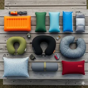 A variety of different types of best lightweight camping pillows laid out together, showcasing the range of options available.
