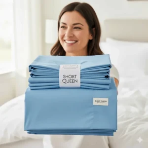 A happy customer smiling and holding up a set of our new short queen sheets, highlighting their satisfaction with the purchase.