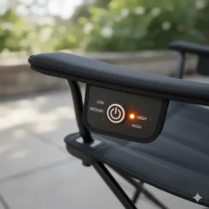 Close-up of the LED controller showing the three adjustable heat settings for the heated camp chair.