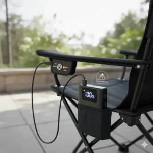 A visual representation of the battery pack that powers the long-lasting warmth of the heated camp chair.
