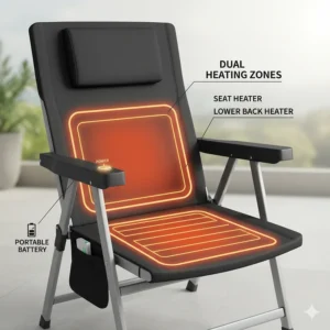 Diagram showing the dual heating zones (seat and lower back) of a premium heated camp chair.