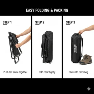Step-by-step image of how to fold and pack a heated camping chair into its carrying bag for easy transport.