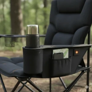 Detailed shot of a heated camp chair's integrated cup holder and side storage pockets.