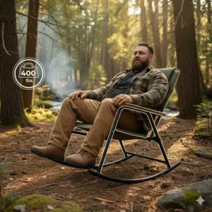Image highlighting the heavy-duty frame and weight capacity of the camp chair rocker.