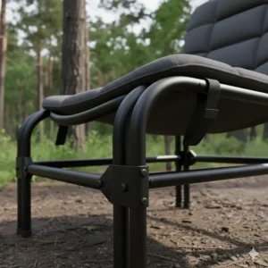 Detail shot of the sturdy, heavy-duty steel frame of a reliable double camping chair for adults.