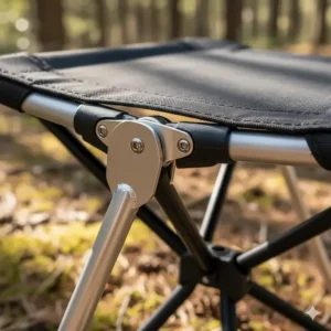 A close-up of the high-quality aluminum frame of a folding camp stool, showcasing the robust construction and a well-designed hinge mechanism.