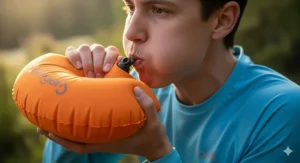 A person quickly inflating their lightweight camping pillow by blowing into the valve.