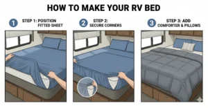 A step-by-step illustration demonstrating the best way to make a bed in a compact RV space using a fitted RV bedding set, ensuring a neat and tidy look.
