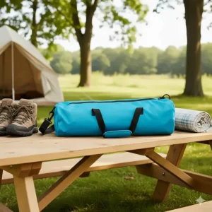 Compact, lightweight infant camping chair folded up inside its carrying bag, showing how easy it is to transport.