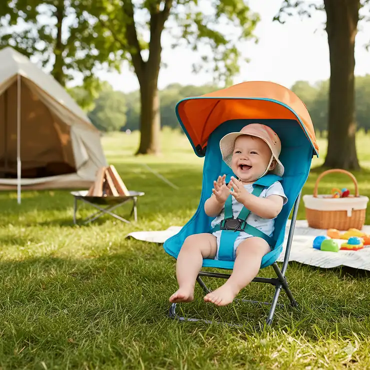 A happy baby sitting safely in a blue infant camping chair with a sun canopy, placed on grass at a campsite.