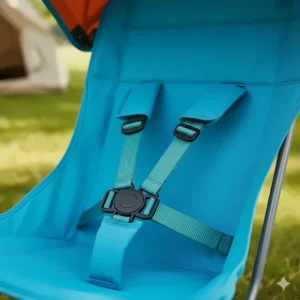 Close-up view of the adjustable 3-point safety harness on the infant camping chair for secure seating.