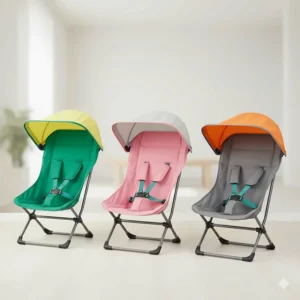 A display of three different available color options (e.g., green, pink, gray) for the secure infant camping chair.