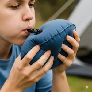 An image of an inflatable camping pillow being inflated by a person to demonstrate its compact size and easy setup.