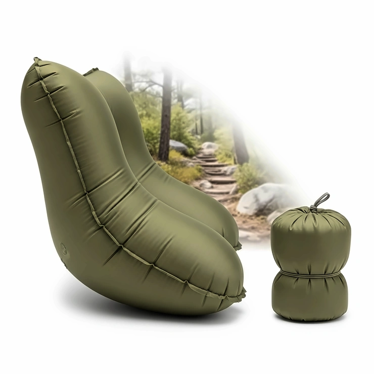 A side profile of a lightweight inflatable pillow, showcasing its ergonomic shape and small packed size, ideal for backpackers seeking comfort. best outdoor pillows for camping