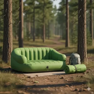 An inflatable camping sofa shown in a vibrant green color, highlighting its lightweight and portable design. The couch is pictured deflated and rolled up next to a small backpack to demonstrate its compact size for travel.