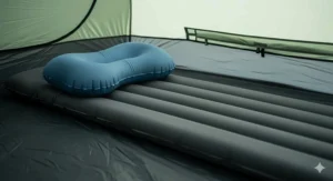 An inflated camping pillow perfectly positioned on a sleeping pad inside a tent.
