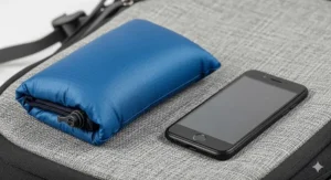 A compact, deflated inflatable pillow shown next to a smartphone to demonstrate its small, packable size for backpacking.