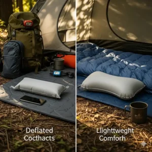 An image of a deflated and inflated inflatable pillow, demonstrating its space-saving and portable features for camping.