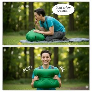 A short, two-panel image showing a person inflating a camping pillow with just a few breaths, showcasing how quick and easy it is.