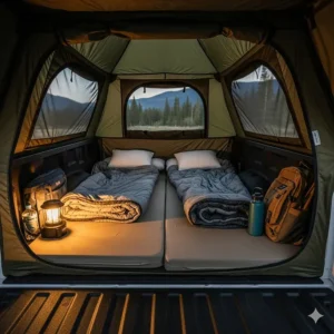The comfortable and spacious interior of an F-150 truck tent, featuring sleeping bags and pillows for camping.