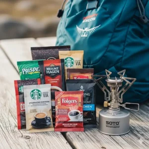 A small pile of various instant coffee packets and a lightweight backpacking stove placed next to a backpack.