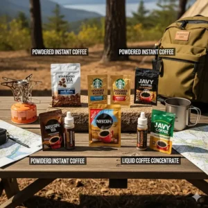 A visual breakdown of different types of instant coffee, like powdered and liquid concentrates, ideal for campers.