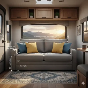 Technical diagram with key dimensions of a standard jackknife sofa for camper, highlighting length and width.