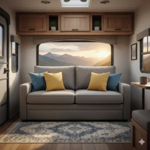 Interior view of a small camper showing the jackknife sofa in its standard upright seating position.
