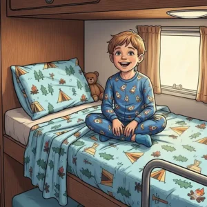 A child happily sitting on their bunk bed, which is made up with fun, patterned RV bunk sheets and a matching pillow.