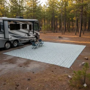 A large, 9-foot by 18-foot RV camping mat completely covering a campsite area in front of a motorhome, providing a clean outdoor living space.