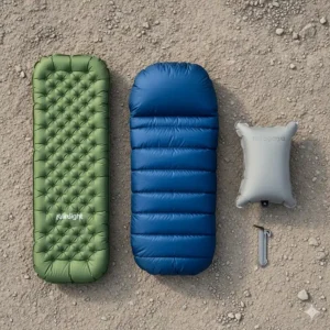 An image of lightweight camping bedding gear, such as an ultra-light sleeping pad, a compact quilt, and a tiny inflatable pillow, ideal for backpacking.