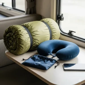 Lightweight, packable bedding essentials for an RV, including a sleeping bag and a travel pillow.