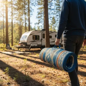 A person effortlessly carrying a lightweight camping carpet, highlighting the ease of transportation and setup.