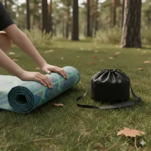 A lightweight and portable camping rug being rolled up for easy packing, highlighting its packability.