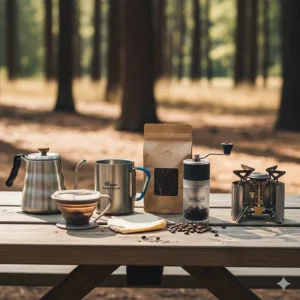 An assortment of lightweight and portable coffee-making gear for camping, including a small kettle and mug.