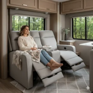 Image of a compact camper loveseat recliner fully extended with footrests up, demonstrating the comfortable lounging position inside an RV.