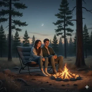 A low-profile double camping chair loveseat positioned perfectly for sitting around a low campfire.