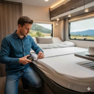 An image of someone using a tape measure to determine the exact size of an RV bed, an essential step before buying RV queen sheets.