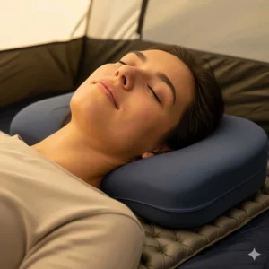 A memory foam camping pillow shown with a person's head resting comfortably on it, emphasizing ergonomic neck support.