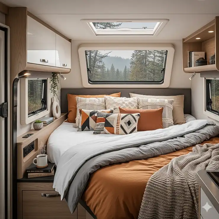 A cozy, modern motorhome interior featuring a stylish bedding set with decorative pillows and a comfortable comforter, designed specifically for a mobile lifestyle.