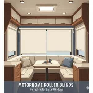 An illustration of a motorhome interior with roller blinds pulled down, demonstrating their perfect fit for large motorhome windows.