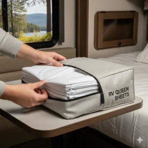 A visual of a person folding and packing a set of RV queen sheets into a small storage bag, demonstrating their space-saving convenience.