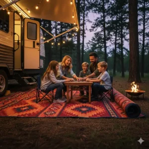 A vibrant, patterned outdoor patio rug unrolled beside a travel trailer with a family sitting around a small table on the rug.