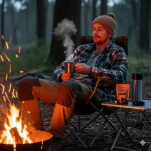 A camper enjoying a cup of instant coffee while sitting in a camping chair next to a crackling campfire.