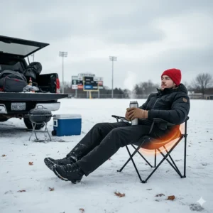 A person sitting snugly in a heated camp chair while tailgating during a cold winter sporting event.