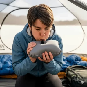 A person inflating a self-inflating camping pillow with their mouth, demonstrating the quick and simple inflation process.