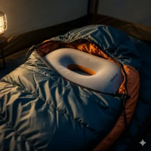 A camping pillow placed inside the hood of a mummy sleeping bag, showing how it stays in place for a comfortable night's sleep.